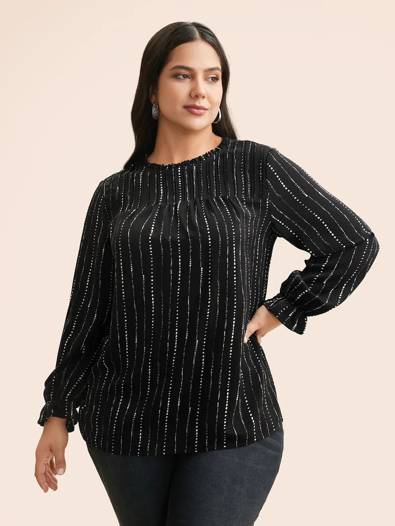Striped Lantern Sleeve Ruffles Blouse