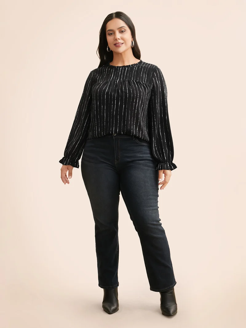Striped Lantern Sleeve Ruffles Blouse