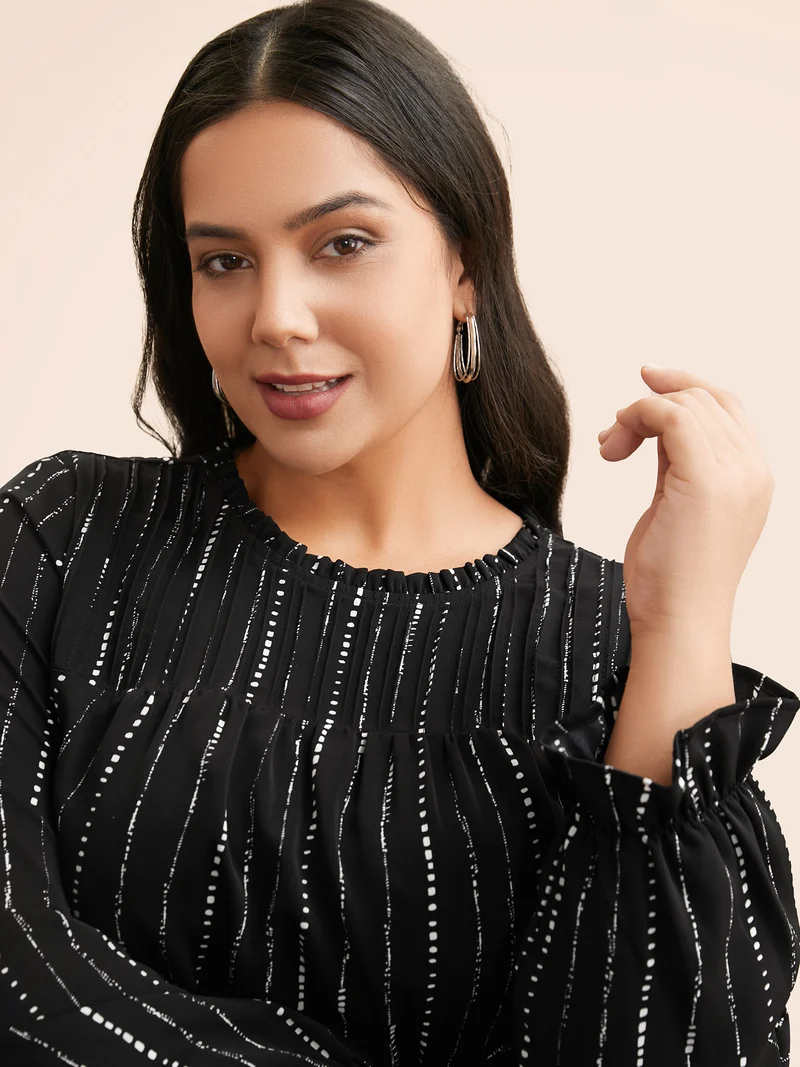 Striped Lantern Sleeve Ruffles Blouse