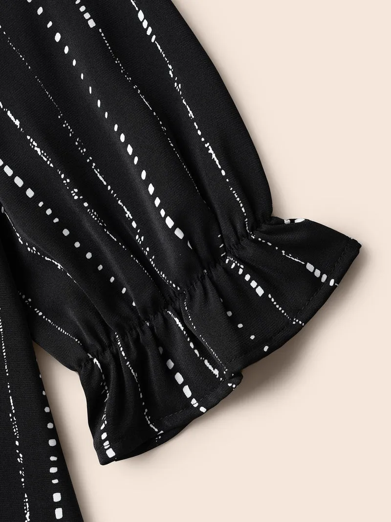 Striped Lantern Sleeve Ruffles Blouse