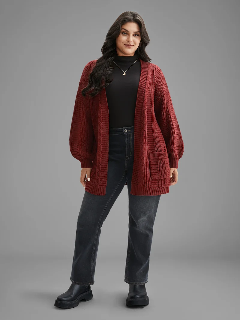 Cable Knit Ribbed Detailing Open Front Cardigan