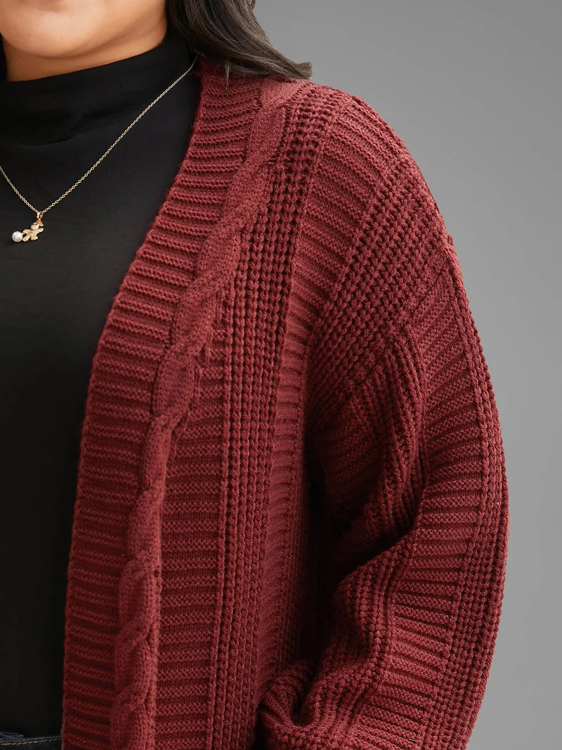 Cable Knit Ribbed Detailing Open Front Cardigan