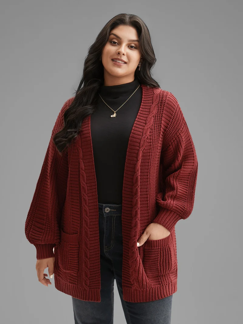 Cable Knit Ribbed Detailing Open Front Cardigan