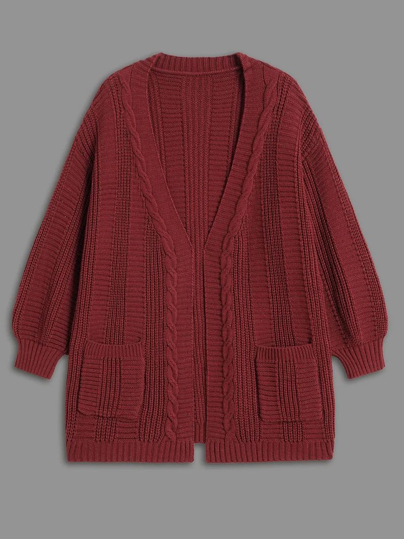 Cable Knit Ribbed Detailing Open Front Cardigan