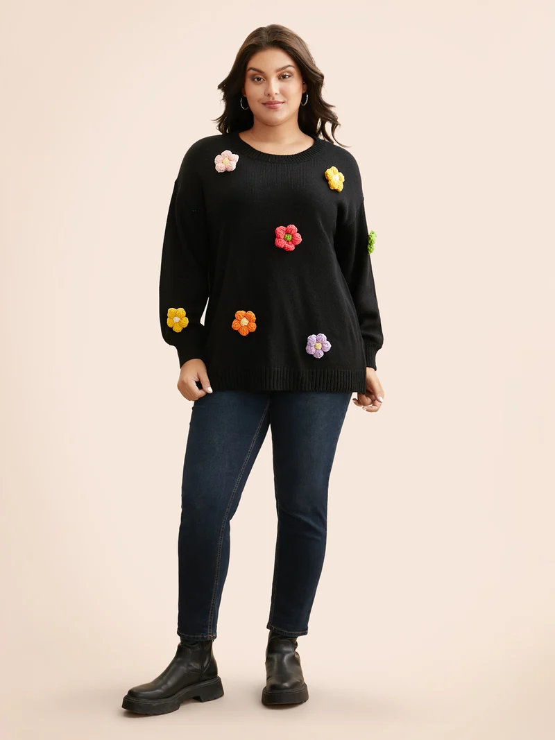 Crochet Floral Drop Shoulder Sleeve Pullover