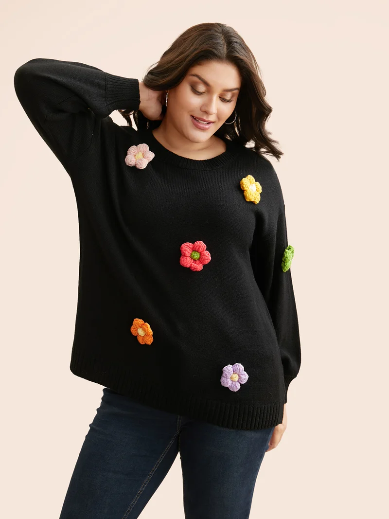 Crochet Floral Drop Shoulder Sleeve Pullover