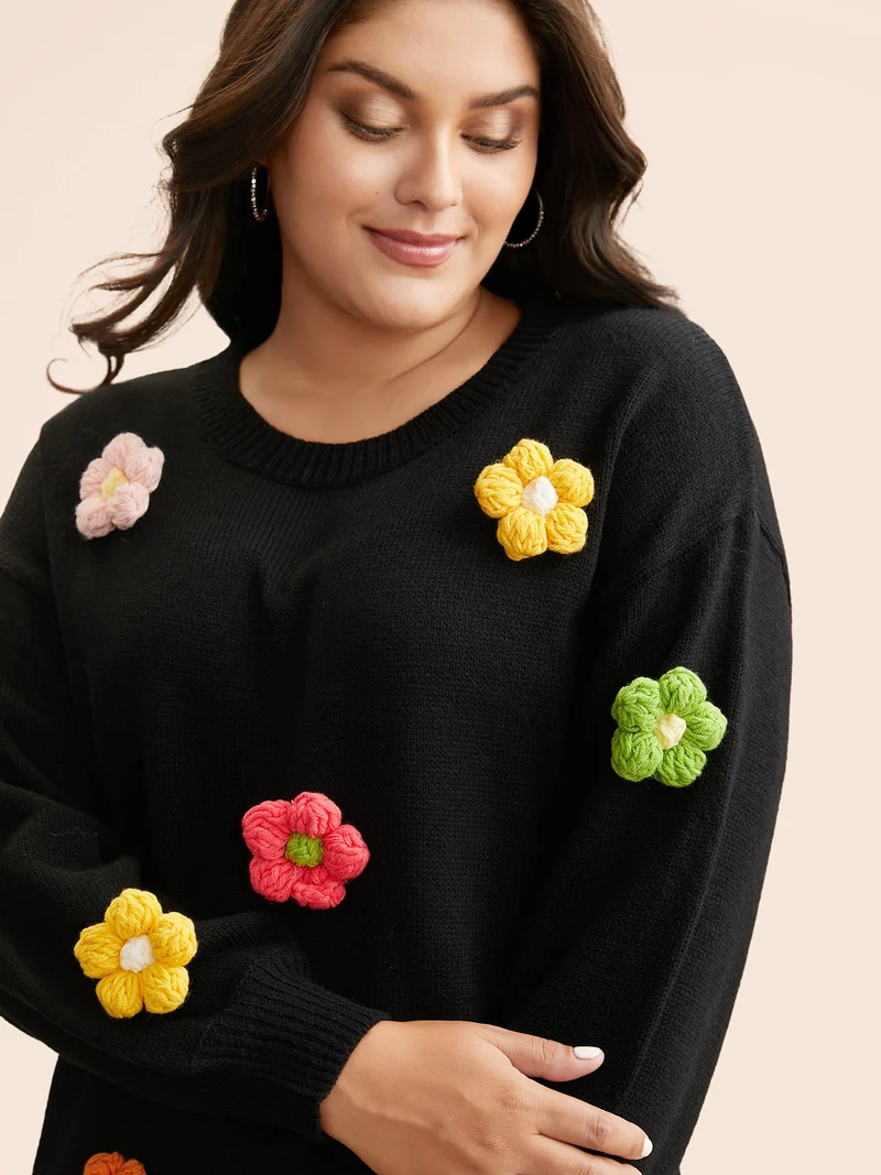 Crochet Floral Drop Shoulder Sleeve Pullover