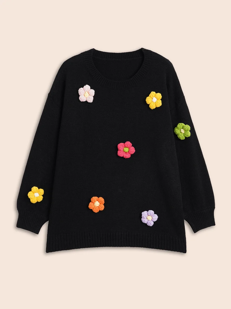 Crochet Floral Drop Shoulder Sleeve Pullover