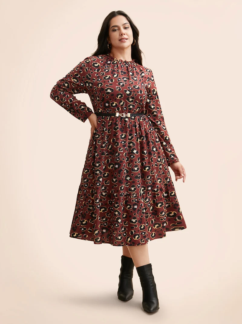 Leopard Print Mock Neck Frill Trim Dress