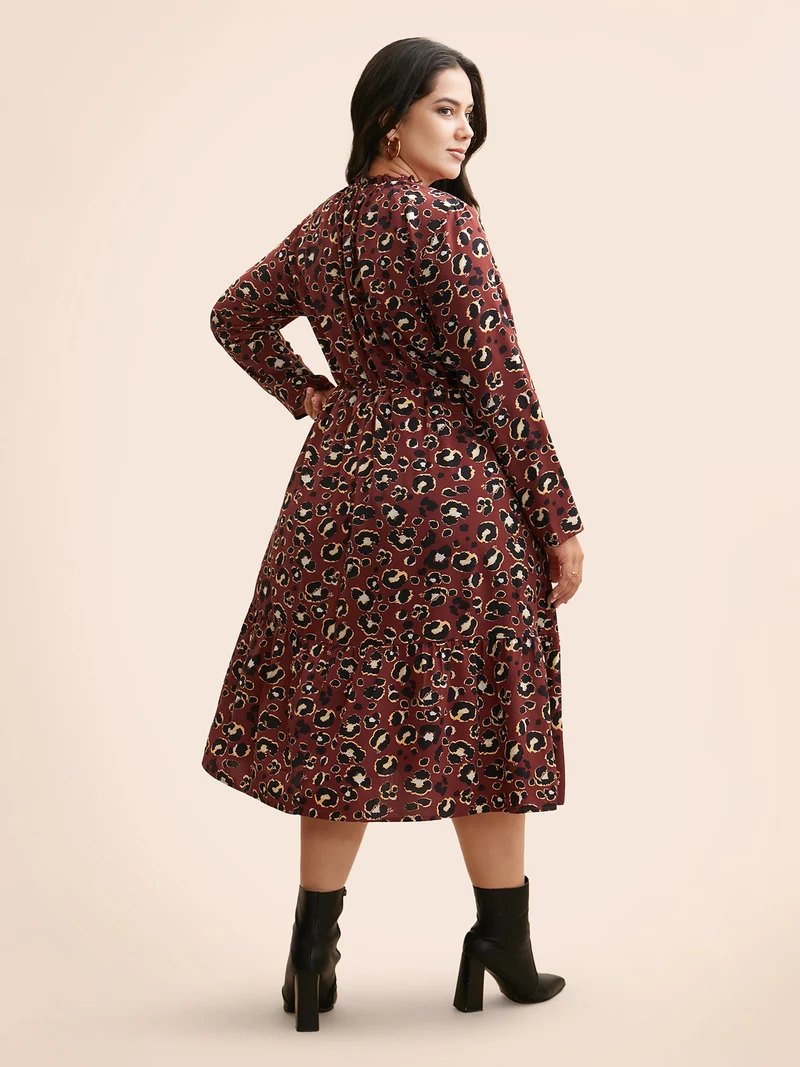 Leopard Print Mock Neck Frill Trim Dress