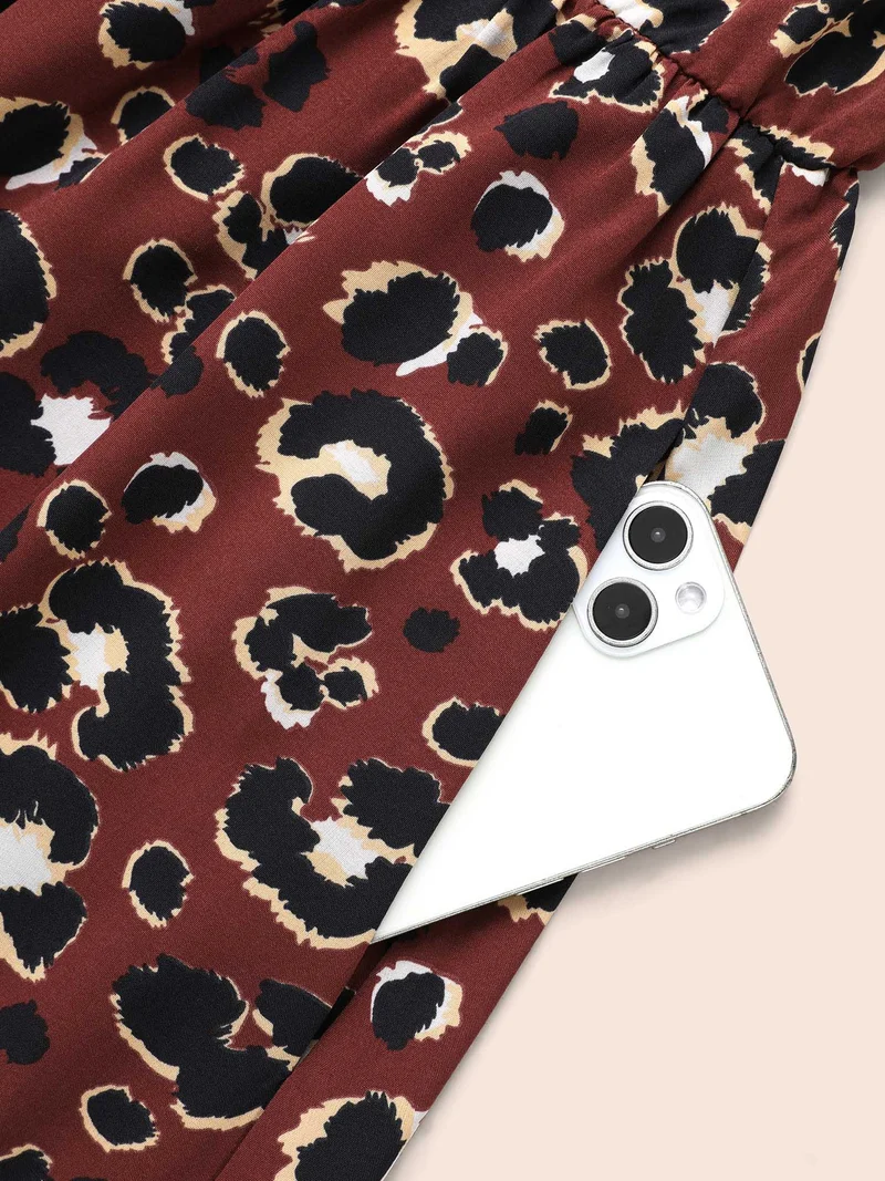 Leopard Print Mock Neck Frill Trim Dress
