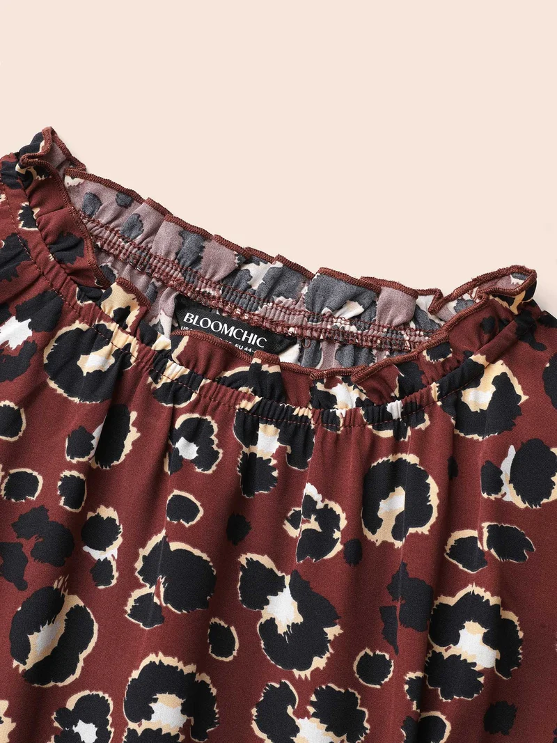 Leopard Print Mock Neck Frill Trim Dress