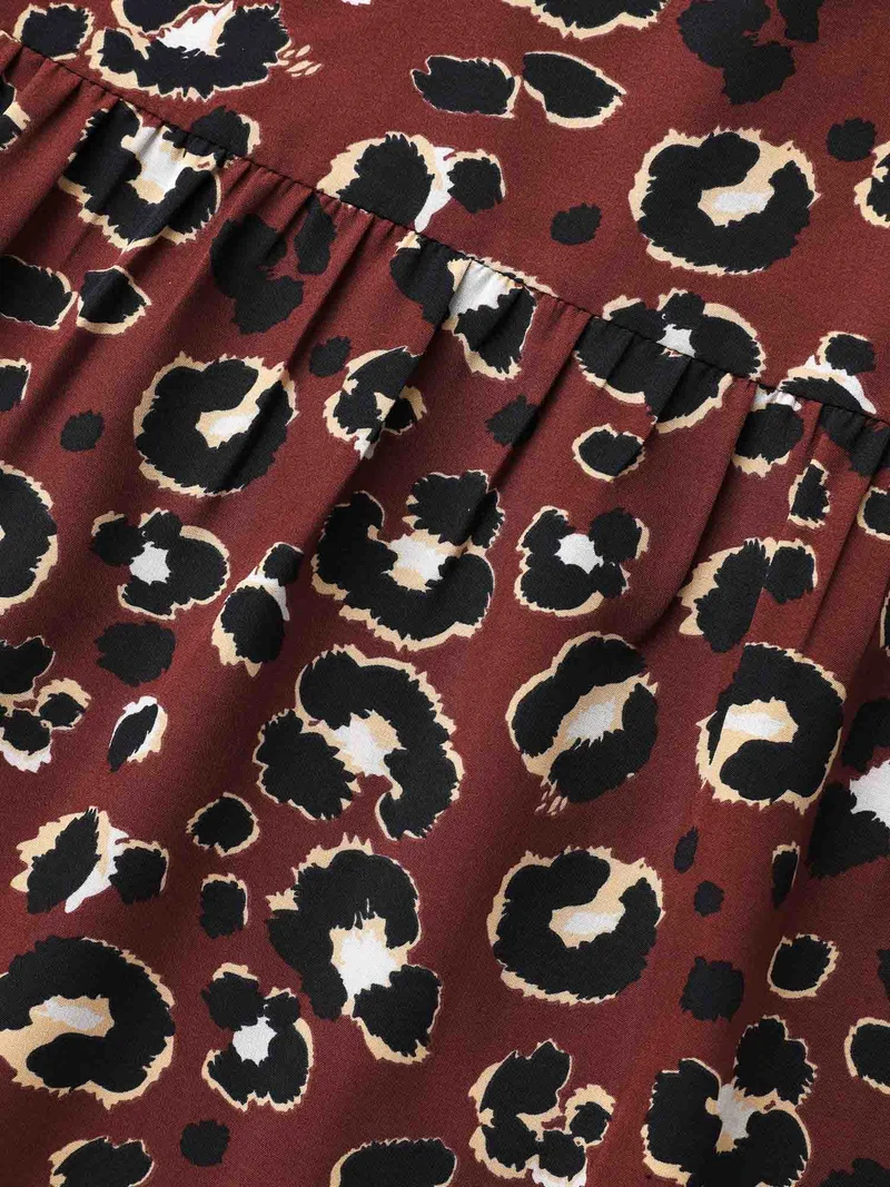 Leopard Print Mock Neck Frill Trim Dress