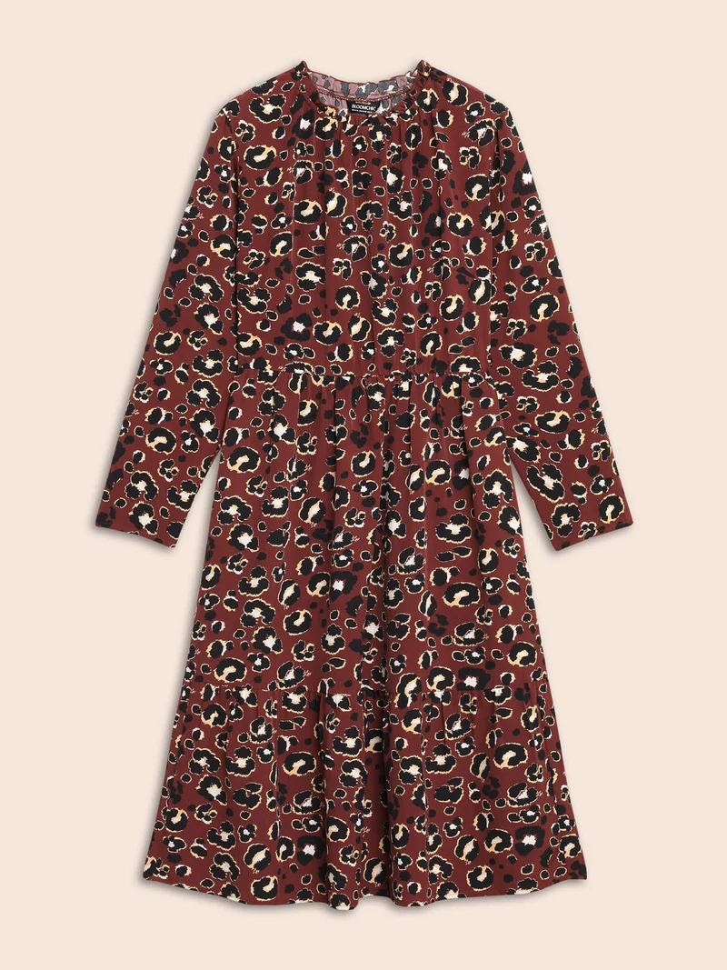 Leopard Print Mock Neck Frill Trim Dress