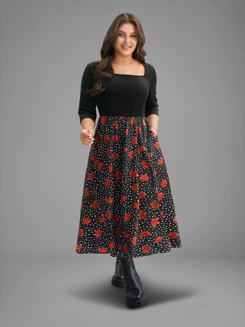 Festive Floral Skirt Square Neck Midi Dress