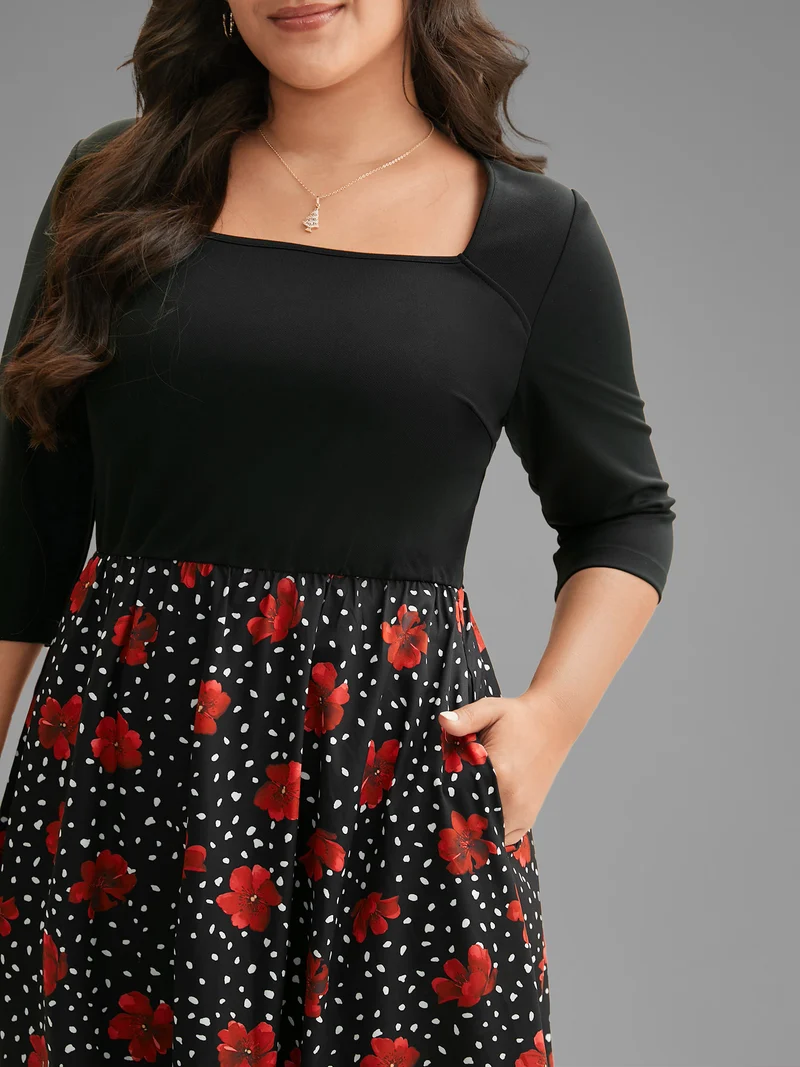 Festive Floral Skirt Square Neck Midi Dress