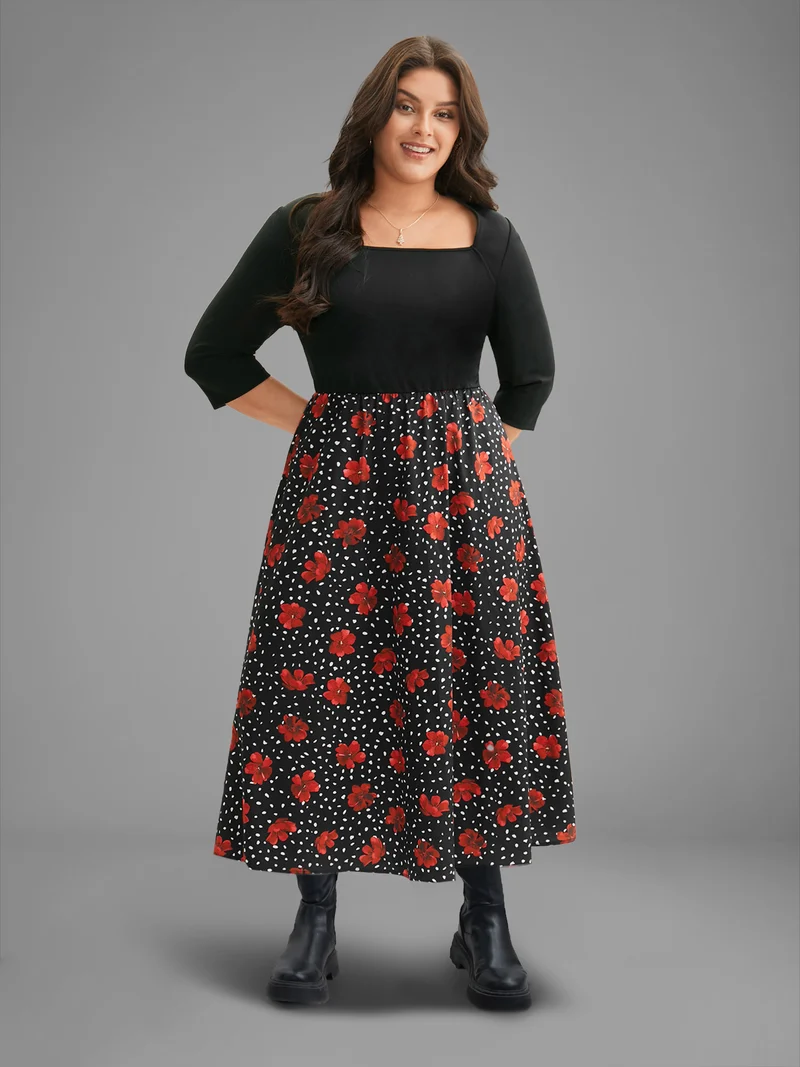 Festive Floral Skirt Square Neck Midi Dress