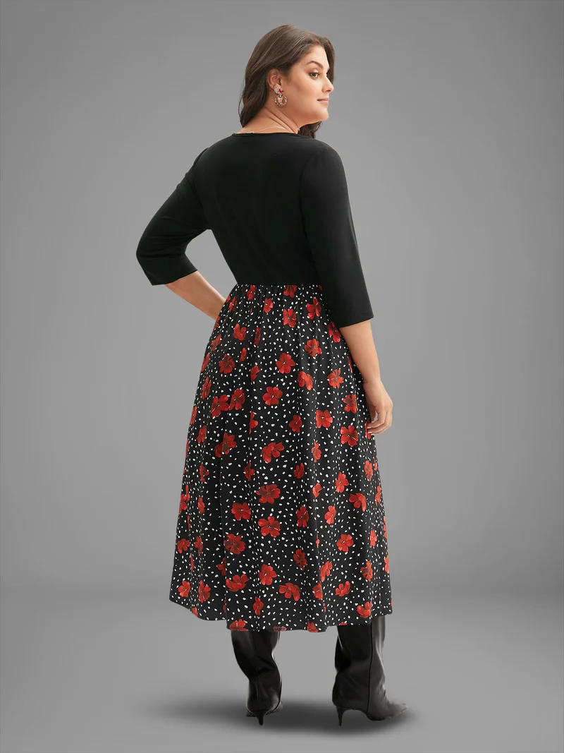 Festive Floral Skirt Square Neck Midi Dress