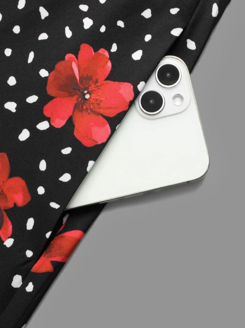 Festive Floral Skirt Square Neck Midi Dress