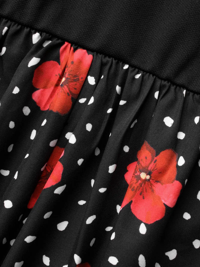 Festive Floral Skirt Square Neck Midi Dress