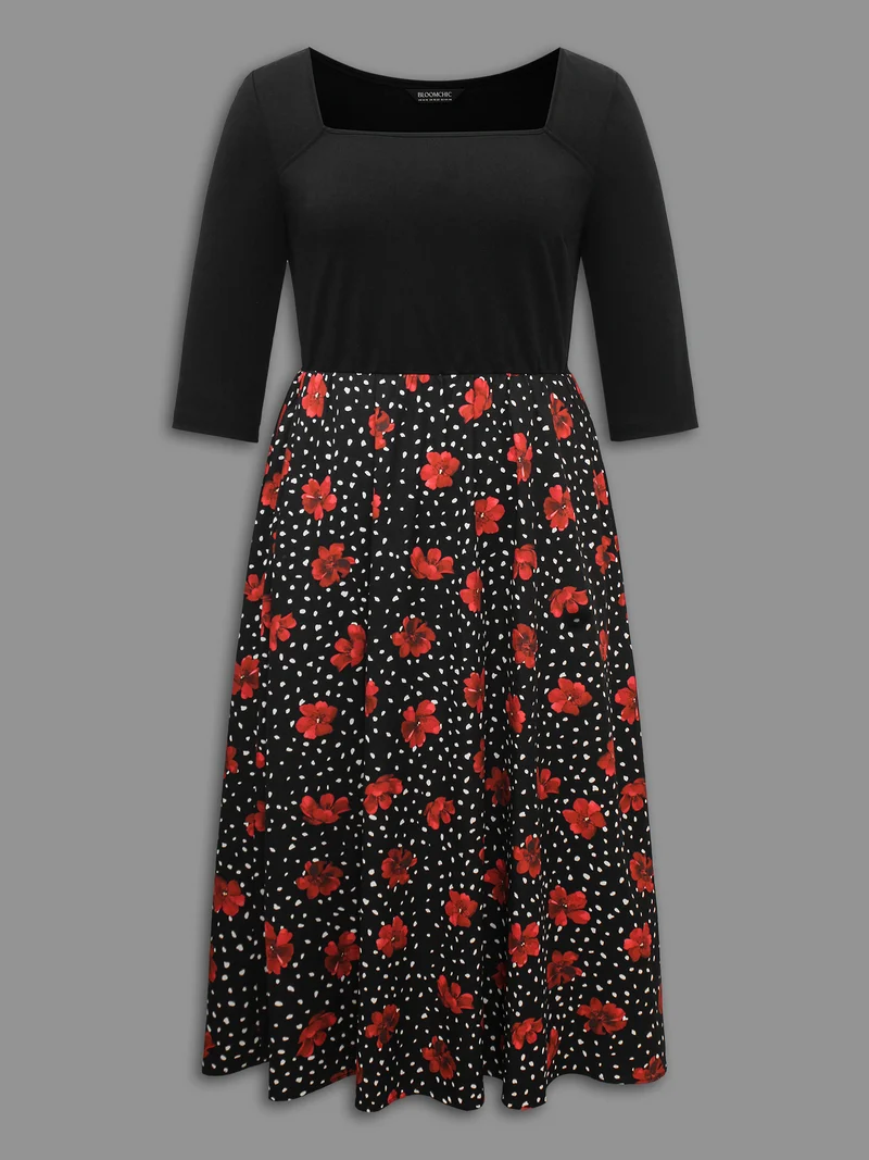 Festive Floral Skirt Square Neck Midi Dress