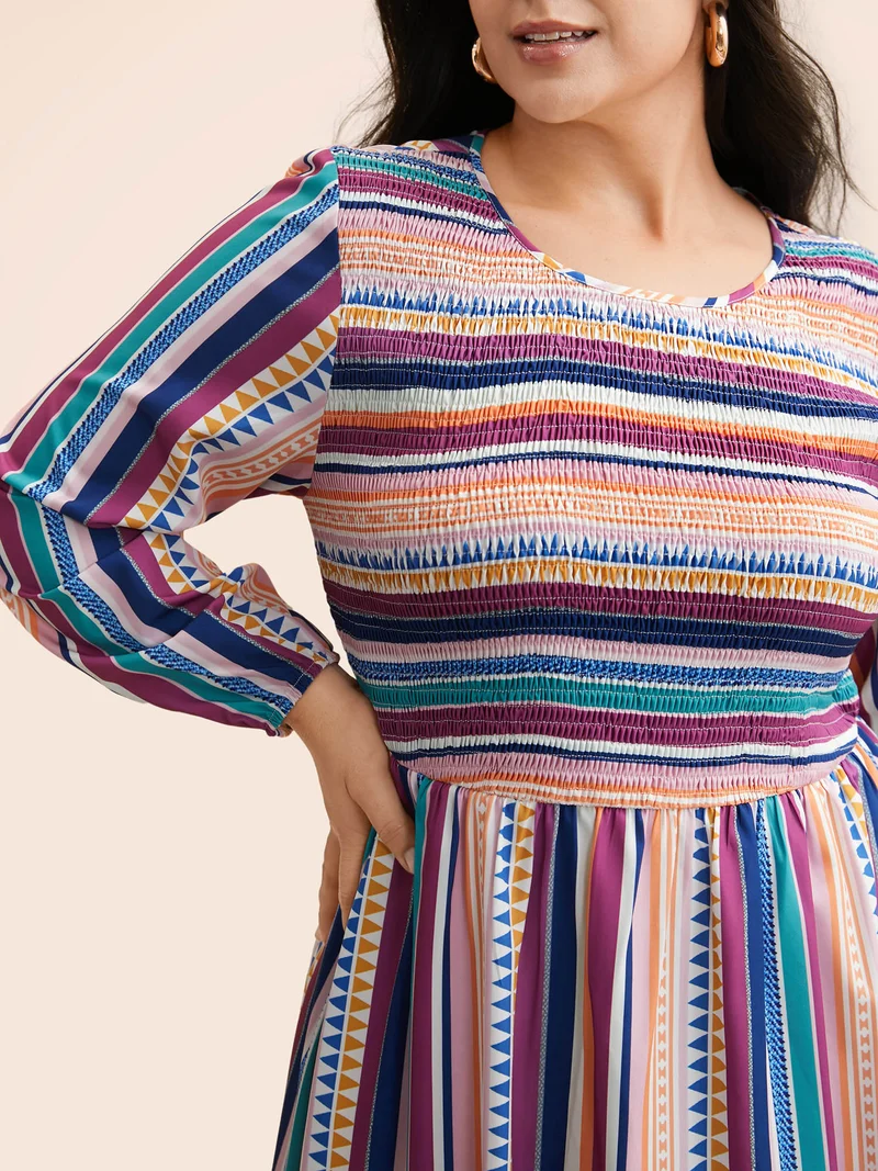 Contrast Striped Shirred Ruffle Hem Dress