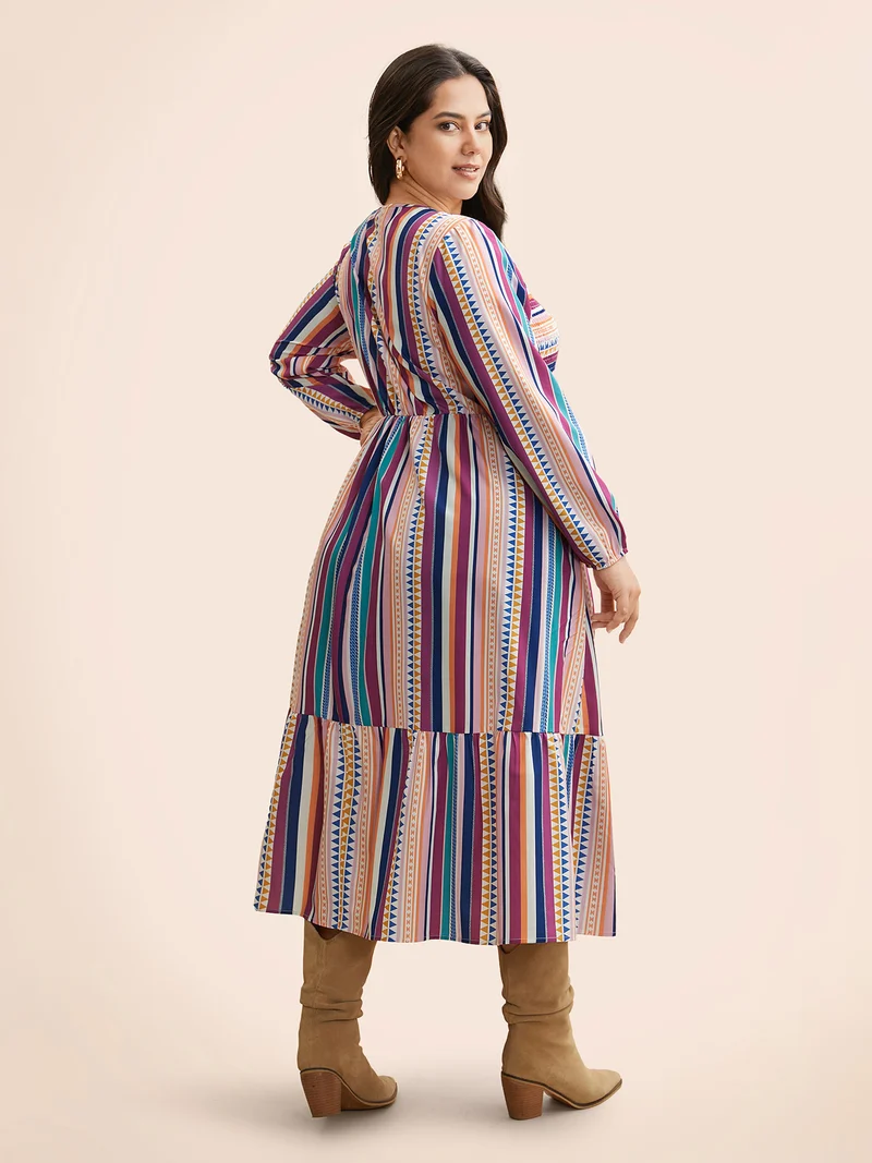 Contrast Striped Shirred Ruffle Hem Dress