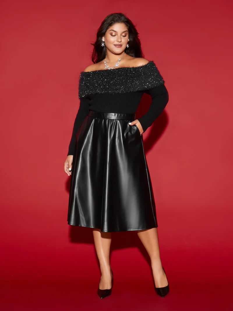 Off-Shoulder Silver Threads Detailing Pullover