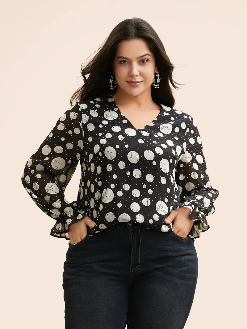 Polka Dot Rhinestone Lantern Sleeve Blouse