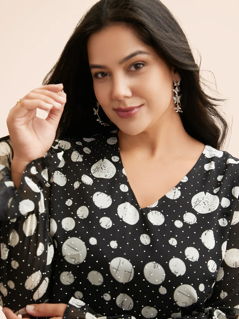 Polka Dot Rhinestone Lantern Sleeve Blouse
