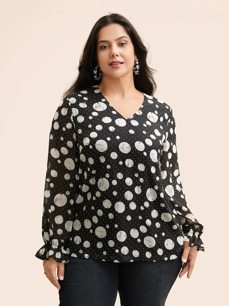 Polka Dot Rhinestone Lantern Sleeve Blouse