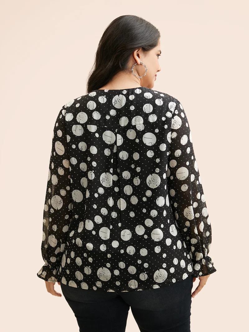 Polka Dot Rhinestone Lantern Sleeve Blouse
