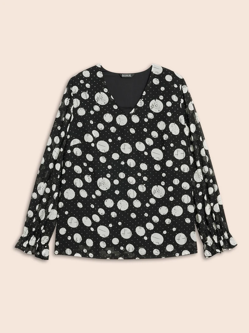Polka Dot Rhinestone Lantern Sleeve Blouse