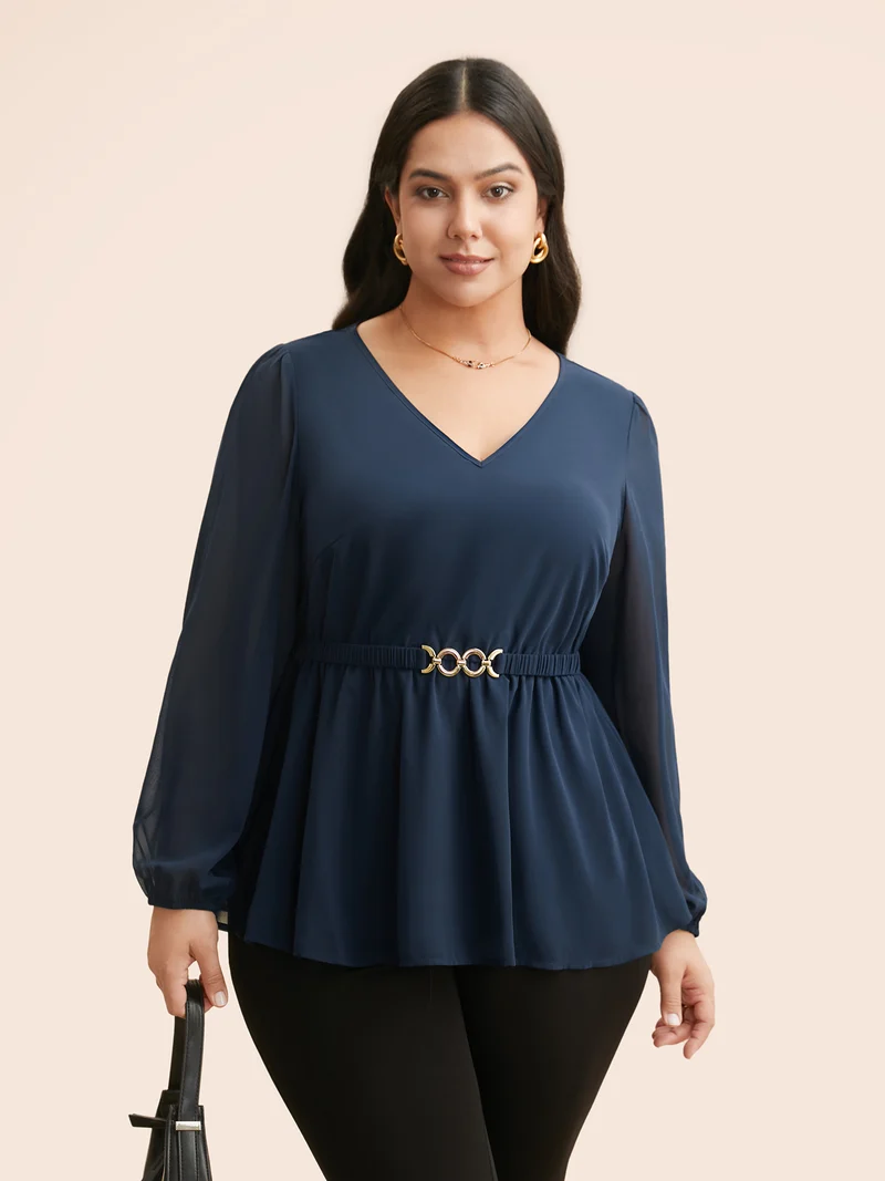 V Neck Metal Detail Gathered Blouse