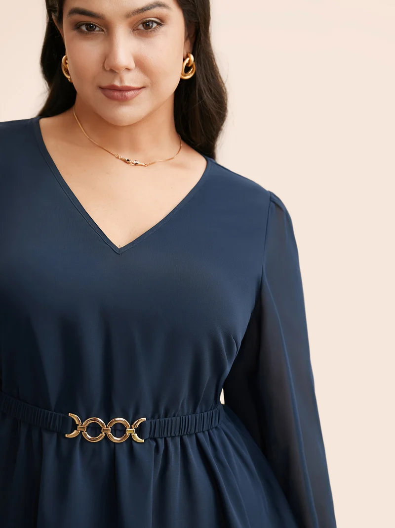 V Neck Metal Detail Gathered Blouse