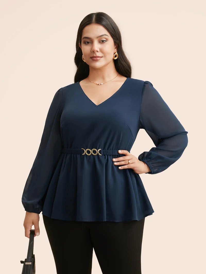 V Neck Metal Detail Gathered Blouse