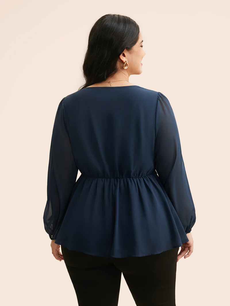 V Neck Metal Detail Gathered Blouse