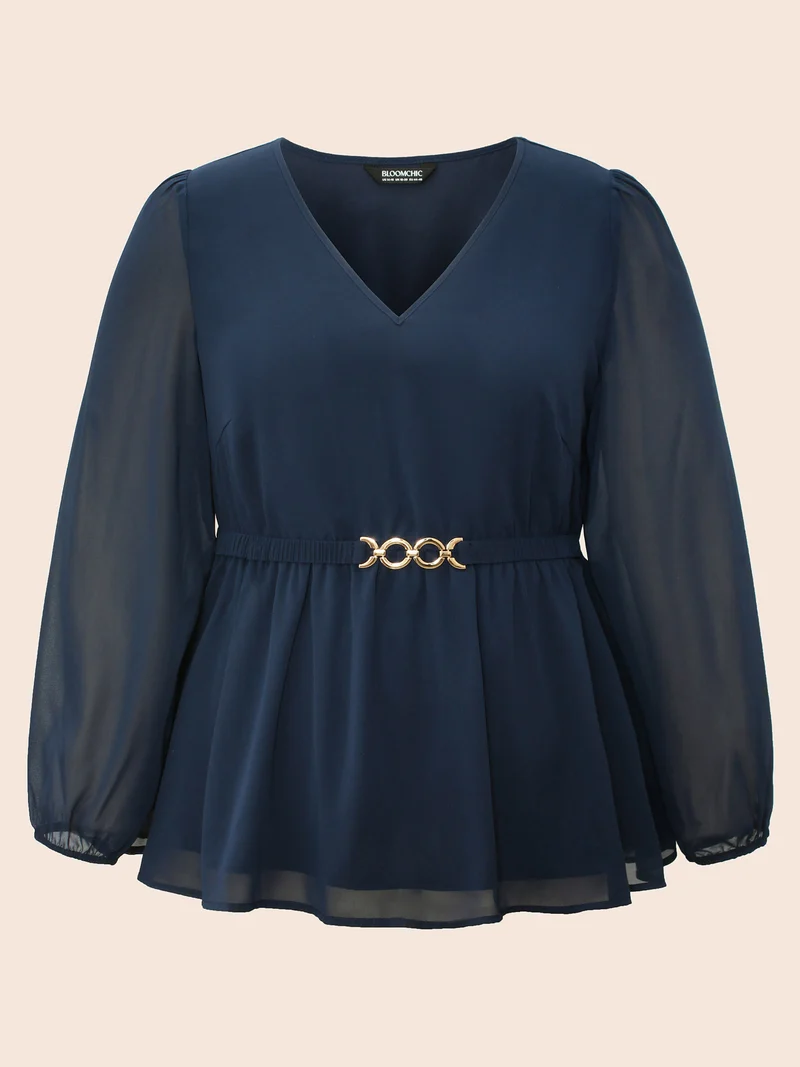 V Neck Metal Detail Gathered Blouse