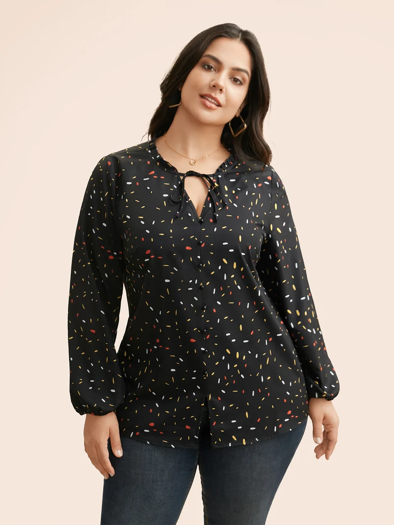 Polka Dot Frill Trim Tie Knot Shirt