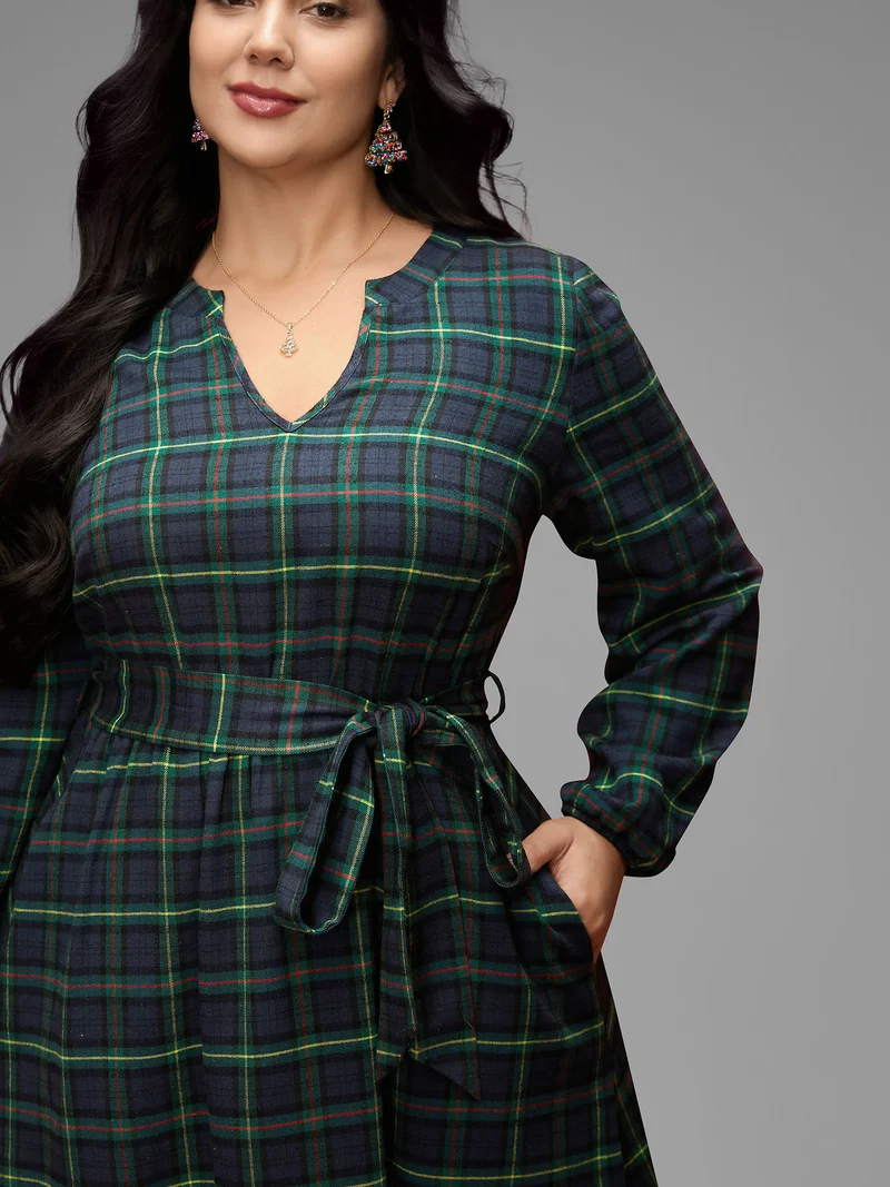 Notched Collar Plaid Pattern Belted Midi Dress