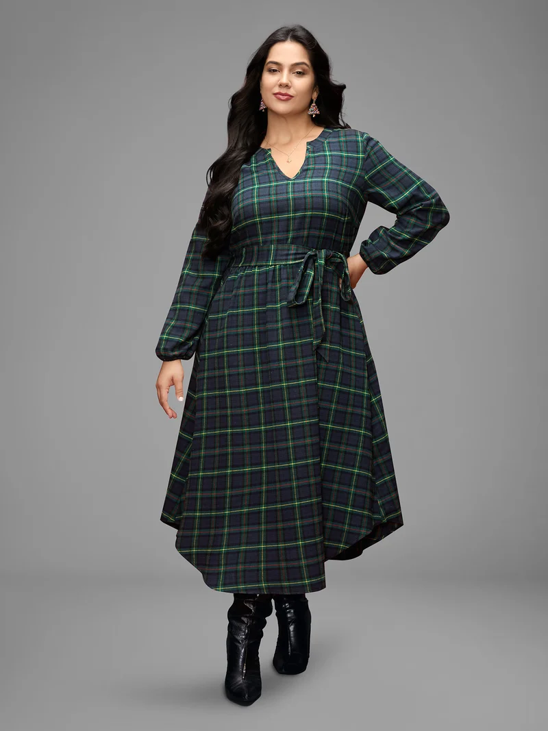 Notched Collar Plaid Pattern Belted Midi Dress