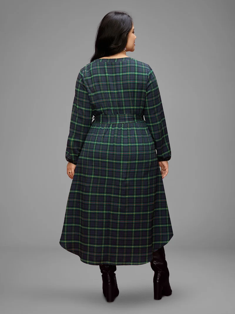 Notched Collar Plaid Pattern Belted Midi Dress