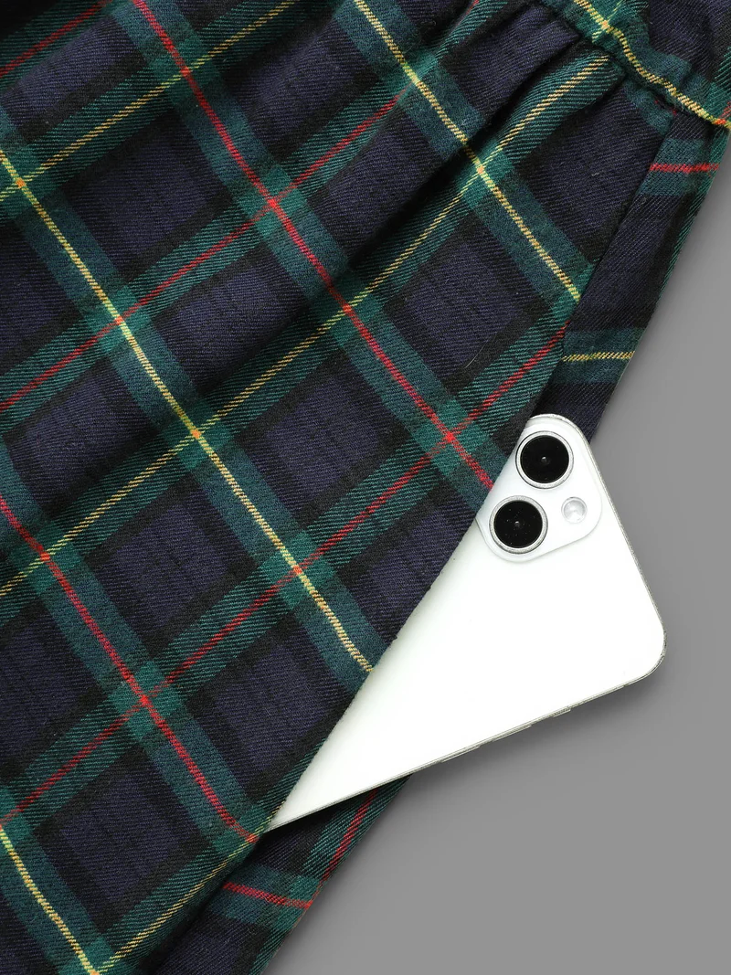 Notched Collar Plaid Pattern Belted Midi Dress