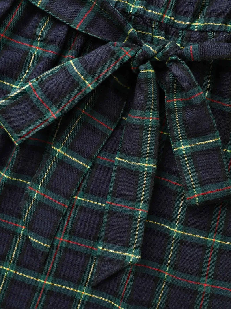 Notched Collar Plaid Pattern Belted Midi Dress