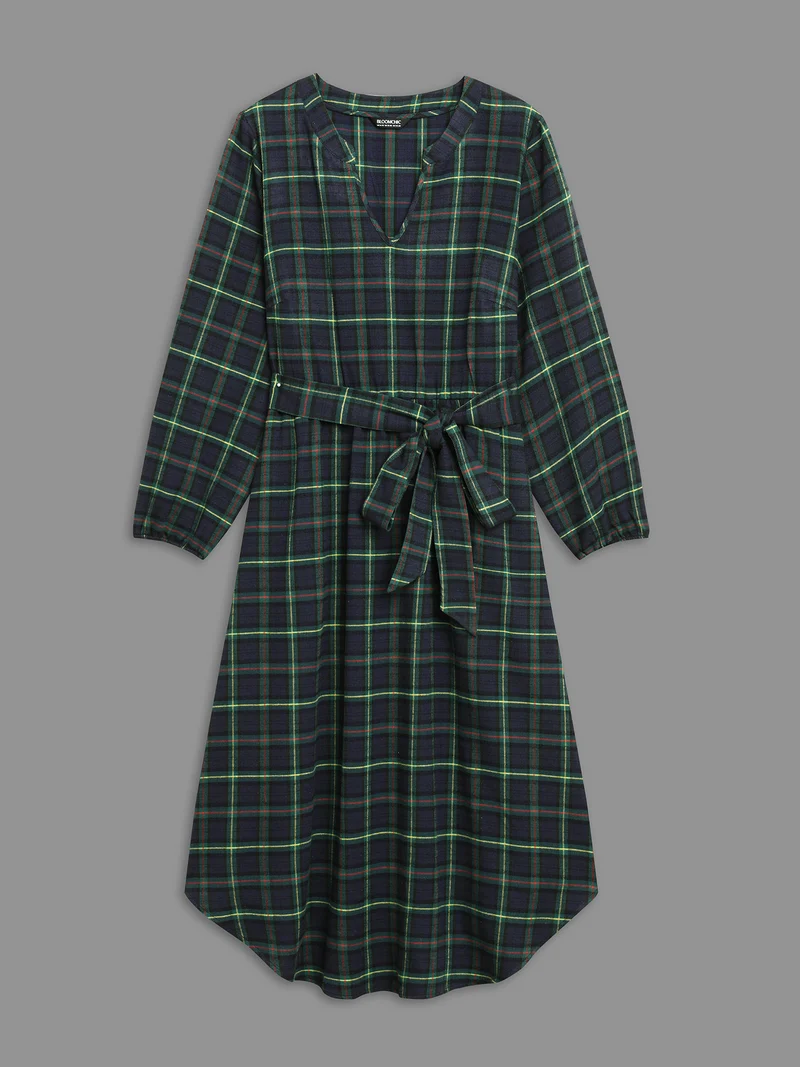 Notched Collar Plaid Pattern Belted Midi Dress