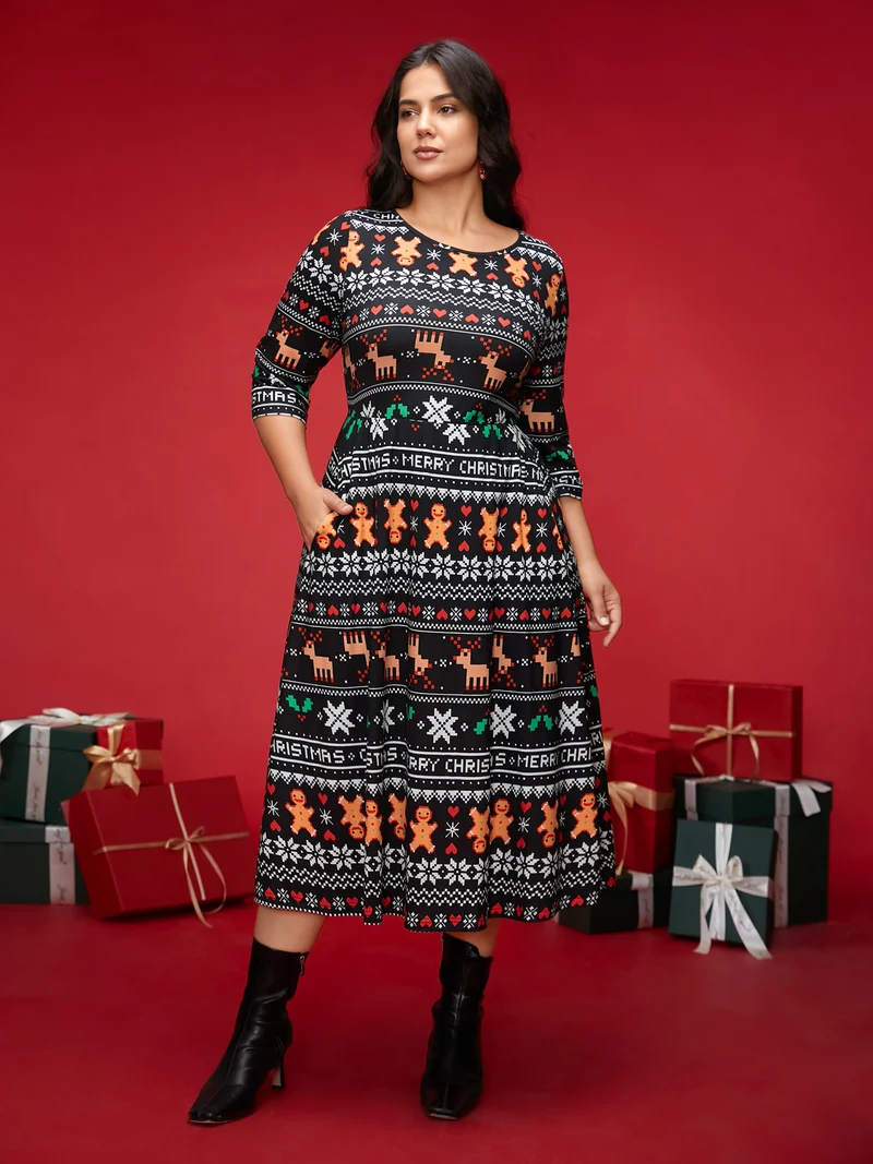Holiday Printed Fit-and-Flare Silhouette Midi Dress