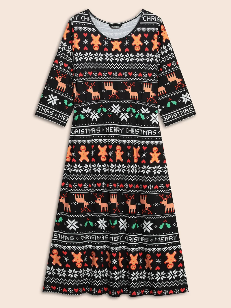 Holiday Printed Fit-and-Flare Silhouette Midi Dress