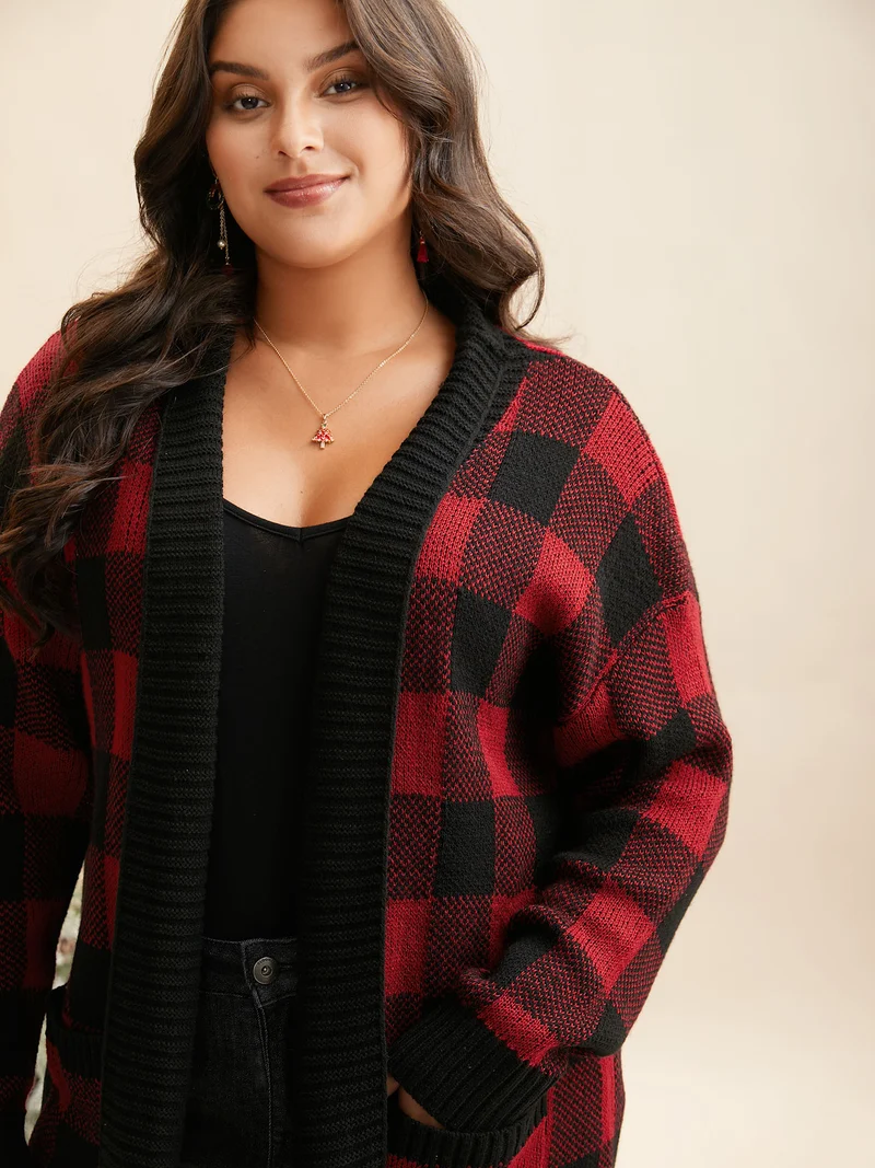 Plaid Pattern Ribbed Detailing Open Cardigan