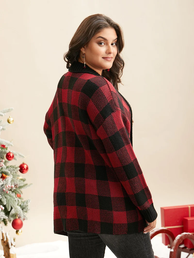 Plaid Pattern Ribbed Detailing Open Cardigan