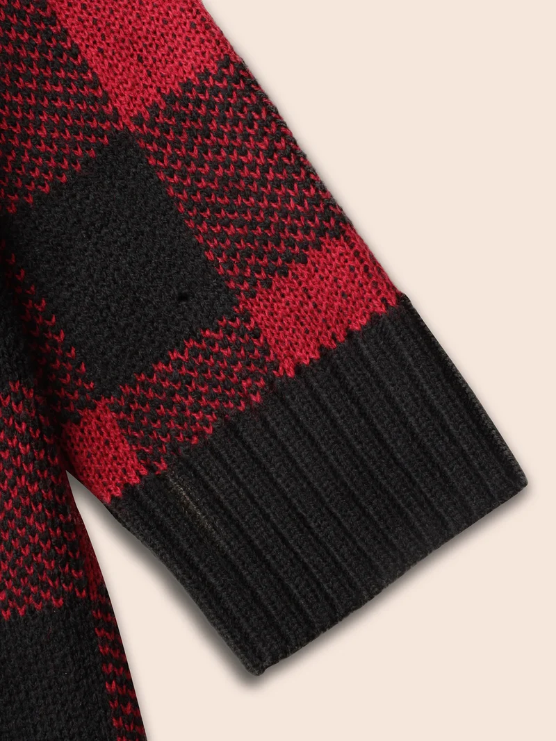 Plaid Pattern Ribbed Detailing Open Cardigan